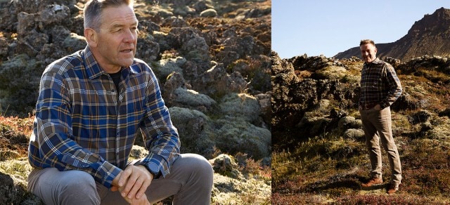 Alfred Gislason im Outfit Himalaya-Hemd in der Felsennatur.
