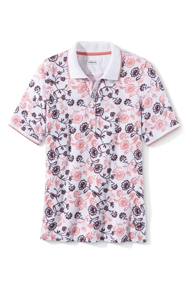 Das Bild zeigt ein kurzärmliges Polohemd mit weißem Grundton und einem floralen Muster in Rosa und Dunkelviolett sowie einem weißen Kragen.