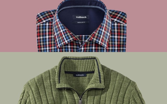 Kariertes Hemd und grüner Strickpullover mit Reißverschluss übereinandergelegt.