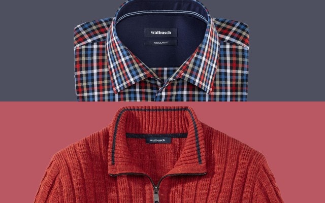 Kariertes Hemd und roter Strickpullover mit Reißverschluss übereinandergelegt.