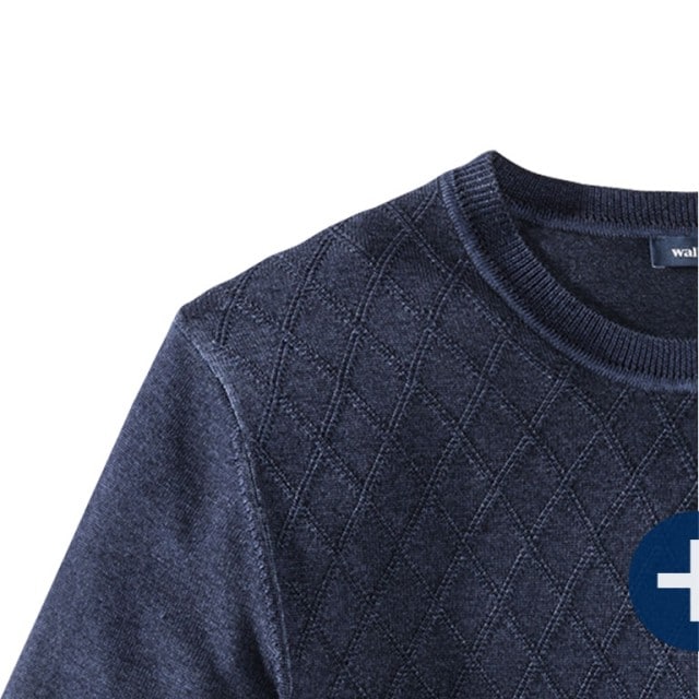 Detailaufnahme eines dunkelblauen Pullovers mit Rautensteppung.
