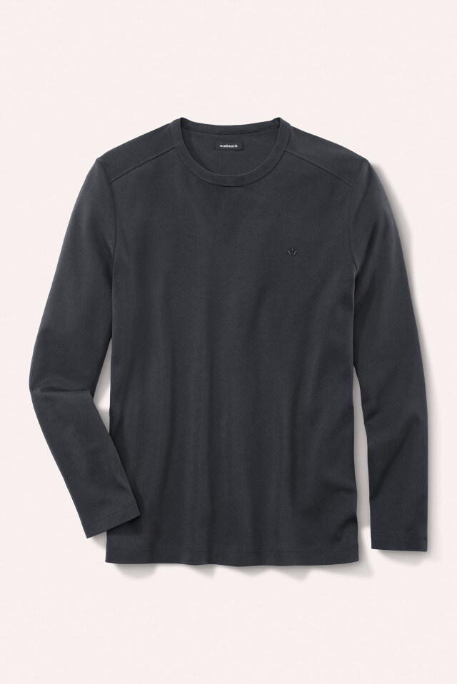 Ein schlichtes, dunkelgraues Langarmshirt mit Rundhalsausschnitt liegt vor einem hellen, neutralen Hintergrund.