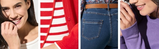 Lächelnde Frau in weißem Oberteil, rot-weiß gestreiftes Kleidungsstück mit roter Jacke, blaue Jeans mit braunem Gürtel, Frau in lila Pullover.