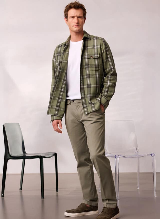 Ein Mann trägt ein Karo Overshirt in Schilf, darunter ein weißes Shirt und dazu eine passende Hose. Ein Mann trägt ein Karo Overshirt in Schilf, darunter ein weißes Shirt und dazu eine passende Hose.