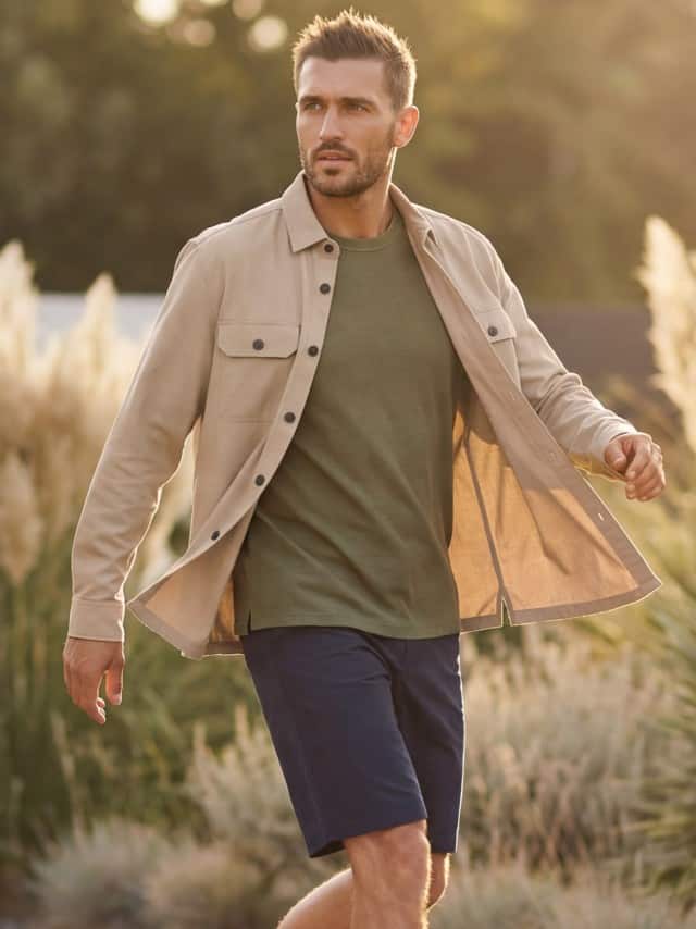 Ein Mann trägt eine Hemdjacke aus Baumwoll-Mischung in Sand, darunter ein Shirt in Khaki und dazu Shorts. 