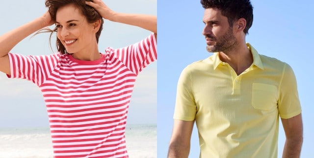 Eine Frau in einem kurzärmeligen, rot-weiß gestreiften T-Shirt und ein Mann in einem kurzärmeligen, gelben Poloshirt mit Brusttasche.
