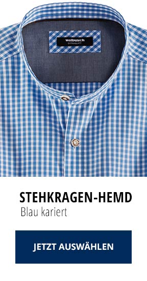 Stehkragen-Hemd Blau kariert | Walbusch