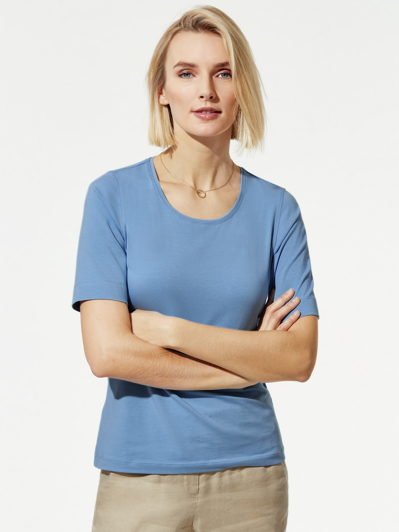 Baumwoll-Basic-Shirt Halbarm Jeansblau