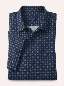 Leinen-Mix Revers-Kragen-Hemd Druck Marine