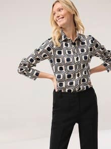 Baumwollbluse mit langer Manschette Grafik Creme