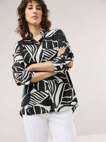 Tunika-Bluse mit Stehkragen Schwarz Offwhite