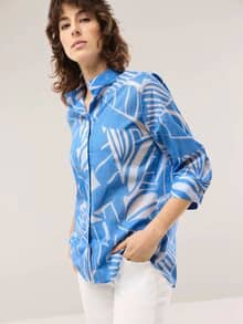 Tunika-Bluse mit Stehkragen Jeansblau Offwhite