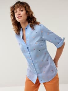 Extraglatt-Bluse Kelchkragen Tupfen Königsblau