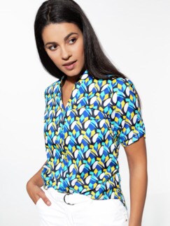 Baumwoll Bluse Tropendruck Tukan Royalblau Detail 1