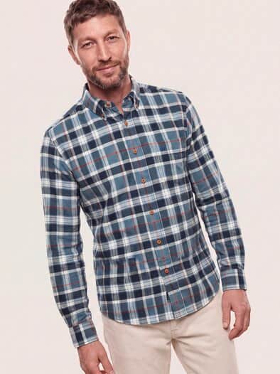 Hemd aus angerautem Baumwoll-Twill Karo Marine