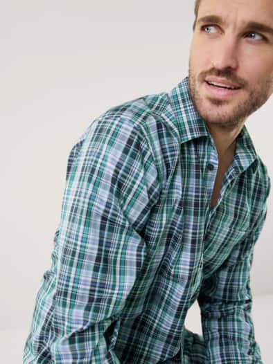 Extraglatt-Hemd Walbusch-Kragen Karo Lagune/Blau