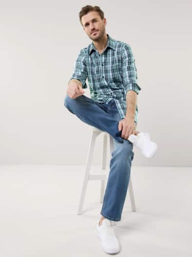 Extraglatt-Hemd Walbusch-Kragen Karo Lagune/Blau