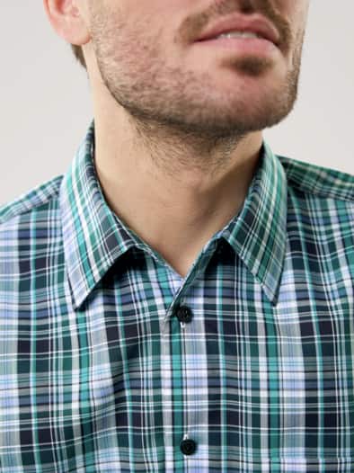 Extraglatt-Hemd Walbusch-Kragen Karo Lagune/Blau