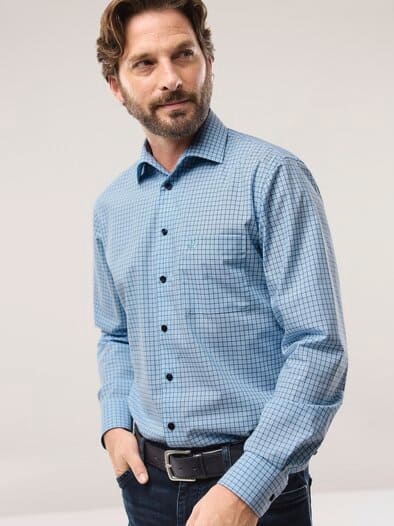 Extraglatt-Hemd Fensterkaro Blau