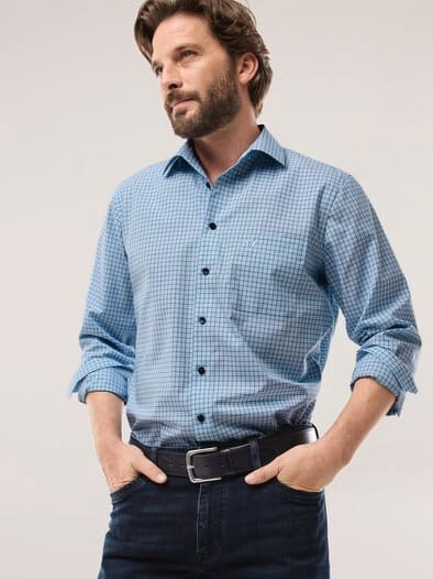 Extraglatt-Hemd Fensterkaro Blau