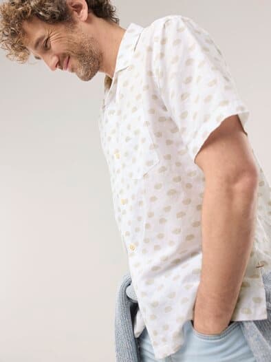Leinen-Mix Revers-Kragen-Hemd Druck Weiß