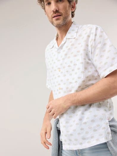 Leinen-Mix Revers-Kragen-Hemd Druck Weiß