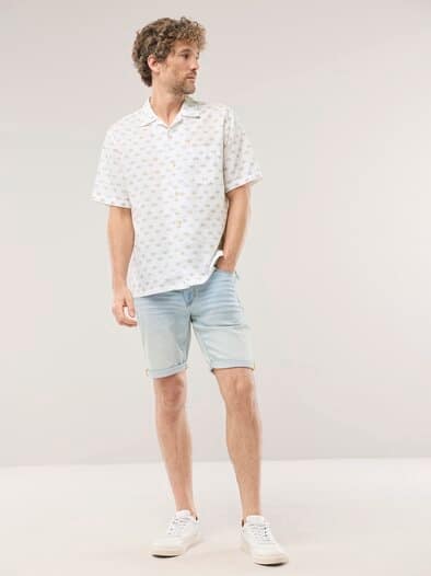 Leinen-Mix Revers-Kragen-Hemd Druck Weiß