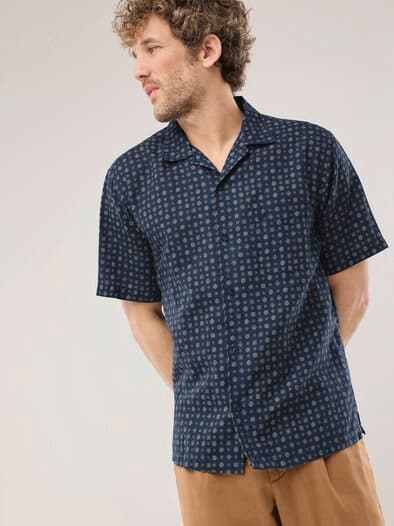 Leinen-Mix Revers-Kragen-Hemd Druck Marine
