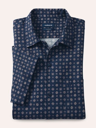 Leinen-Mix Revers-Kragen-Hemd Druck Marine