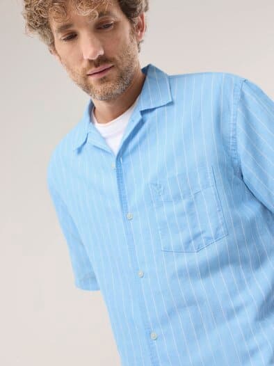Leinen-Mix Revers-Kragen-Hemd Streifen Bleu