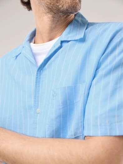 Leinen-Mix Revers-Kragen-Hemd Streifen Bleu