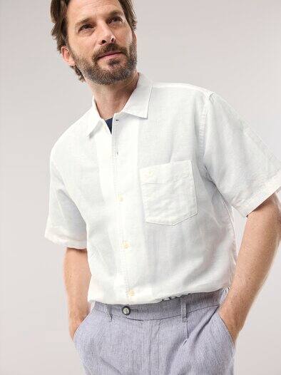 Leinen-Mix Revers-Kragen-Hemd Weiß