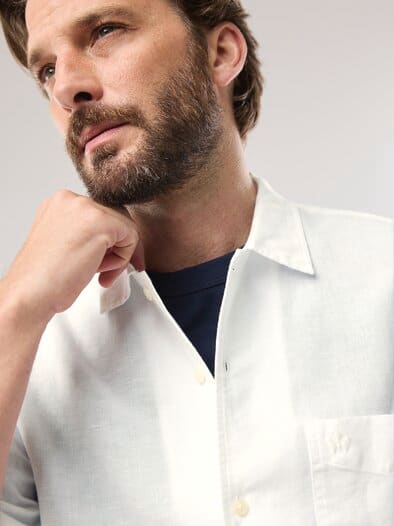 Leinen-Mix Revers-Kragen-Hemd Weiß