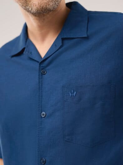 Leinen-Mix Revers-Kragen-Hemd Marine