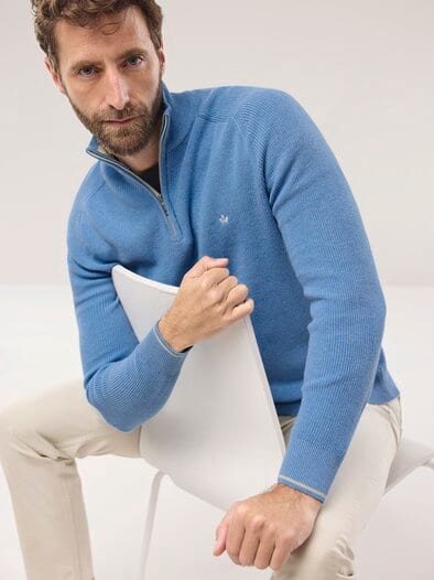 Gerippter Baumwoll-Troyer Hellblau