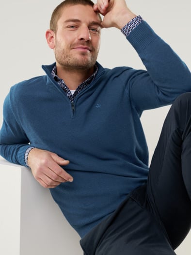 Struktur-Troyer Herbstlaub Jeansblau