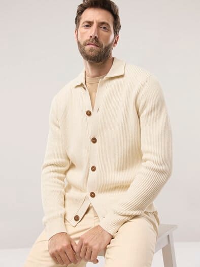 Gerippter Polo-Cardigan Wollweiß