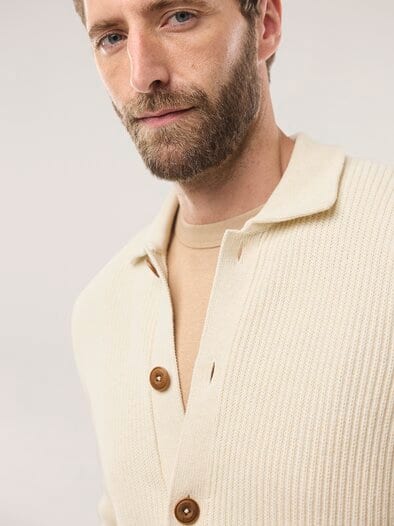 Gerippter Polo-Cardigan Wollweiß