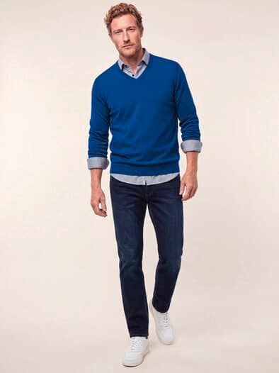V-Pullover Merino Extrafein Königsblau