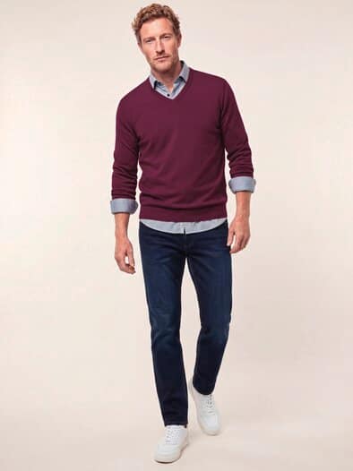 V-Pullover Merino Extrafein Bordeaux