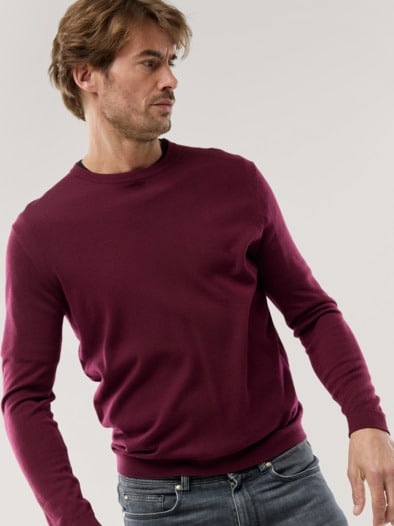 Rundhals-Pullover Merino Extrafein Bordeaux