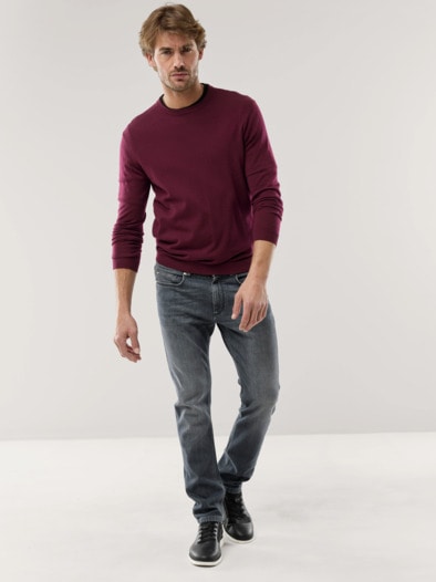 Rundhals-Pullover Merino Extrafein Bordeaux