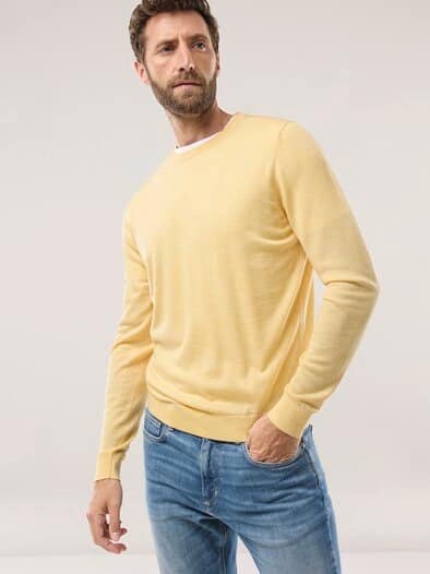 Rundhals-Pullover Merino Extrafein Zitronengelb