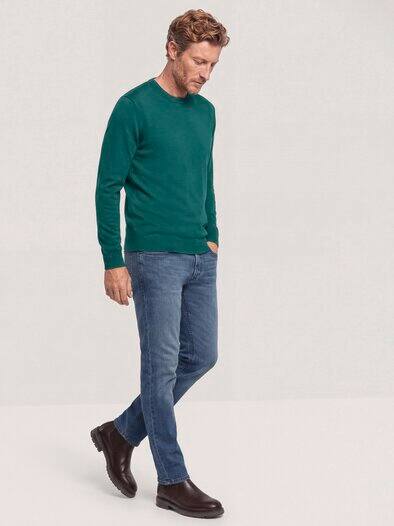 Rundhals-Pullover Merino Extrafein Blaugrün