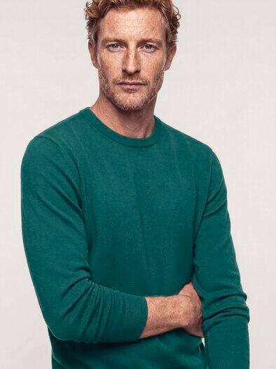 Rundhals-Pullover Merino Extrafein Blaugrün