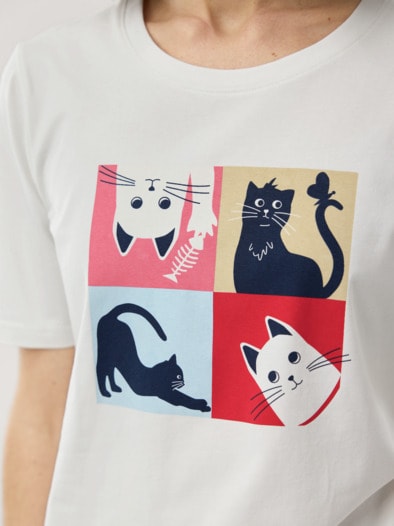 Baumwollshirt Katzen Weiß Multicolor