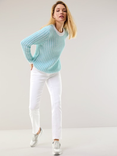 Bändchen Pullover Bicolor Aqua/Weiß