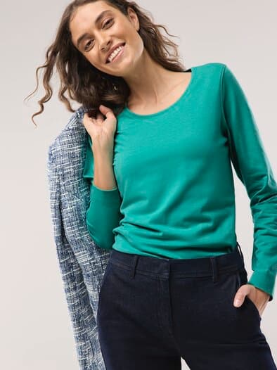 Baumwoll-Basic-Shirt Langarm Seegrün