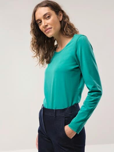 Baumwoll-Basic-Shirt Langarm Seegrün