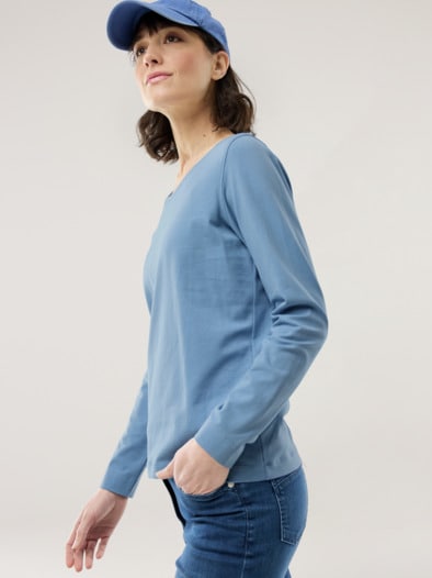 Baumwoll-Basic-Shirt Langarm Jeansblau